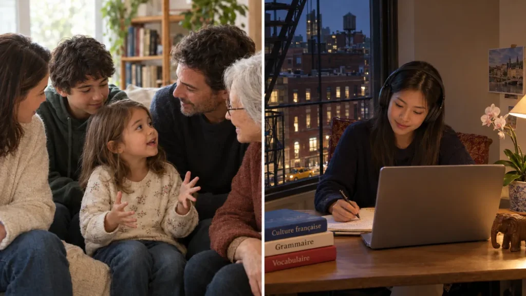 À gauche, un jeune enfant parle avec sa famille réunie autour de lui ; à droite, le soir à New York, une jeune femme thaïlandaise étudie le français à son bureau.